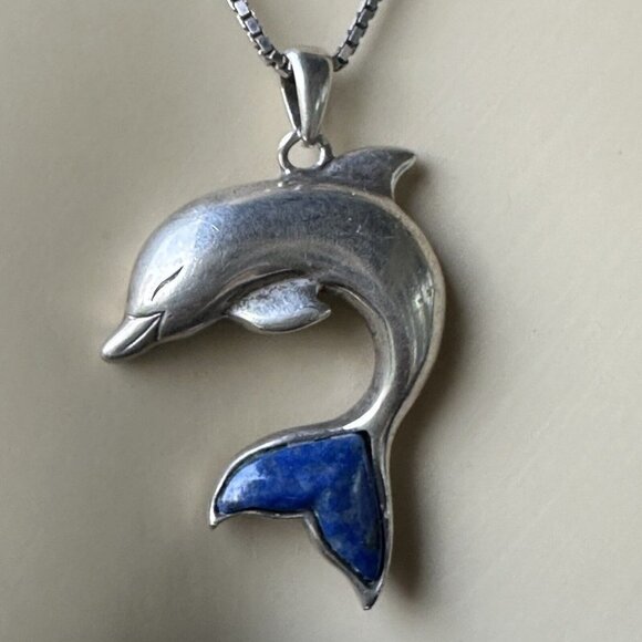 LENOX Sterling Silver Dolphin Pendant Blue Lapis Tail Inlay Chain Necklace 20" - Picture 3 of 10